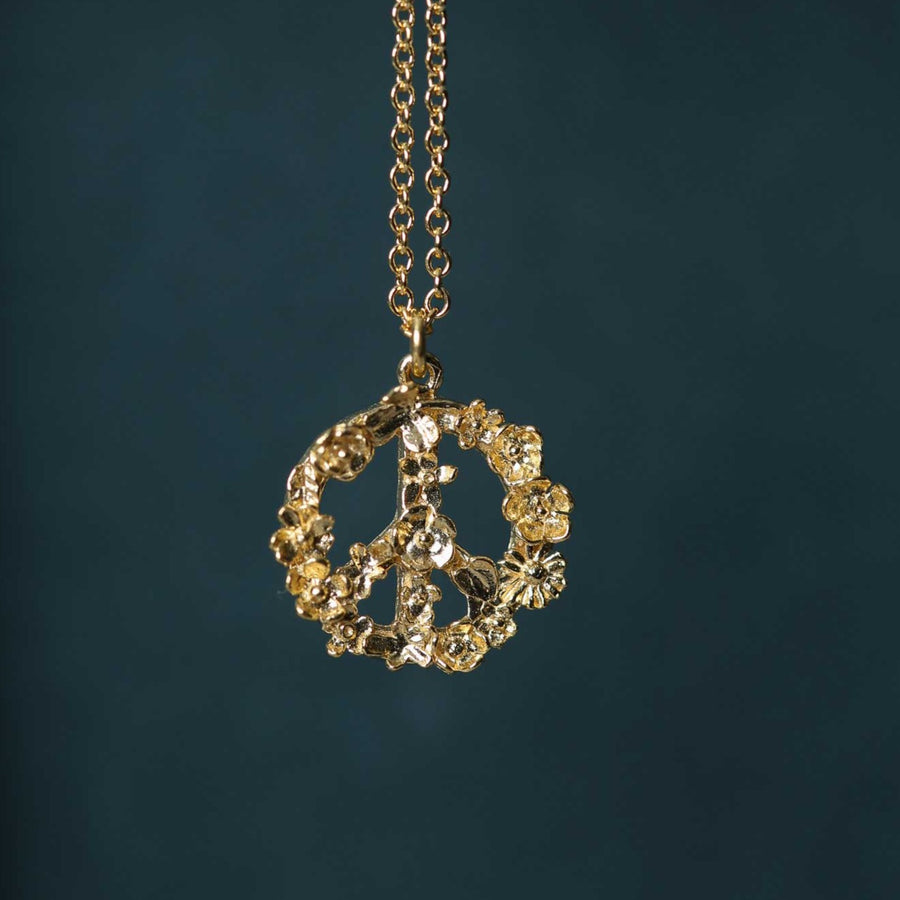 Alex Monroe Floral Peace Sign faith Necklace gold plated recycled silver at EC One London