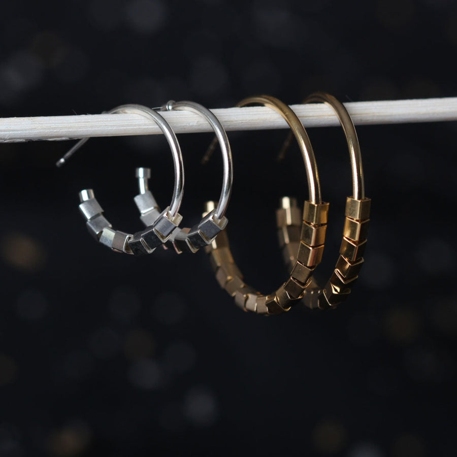 Cara Tonkin at EC One London Metropolis  Cubes Hoop Earrings Silver and gold plated