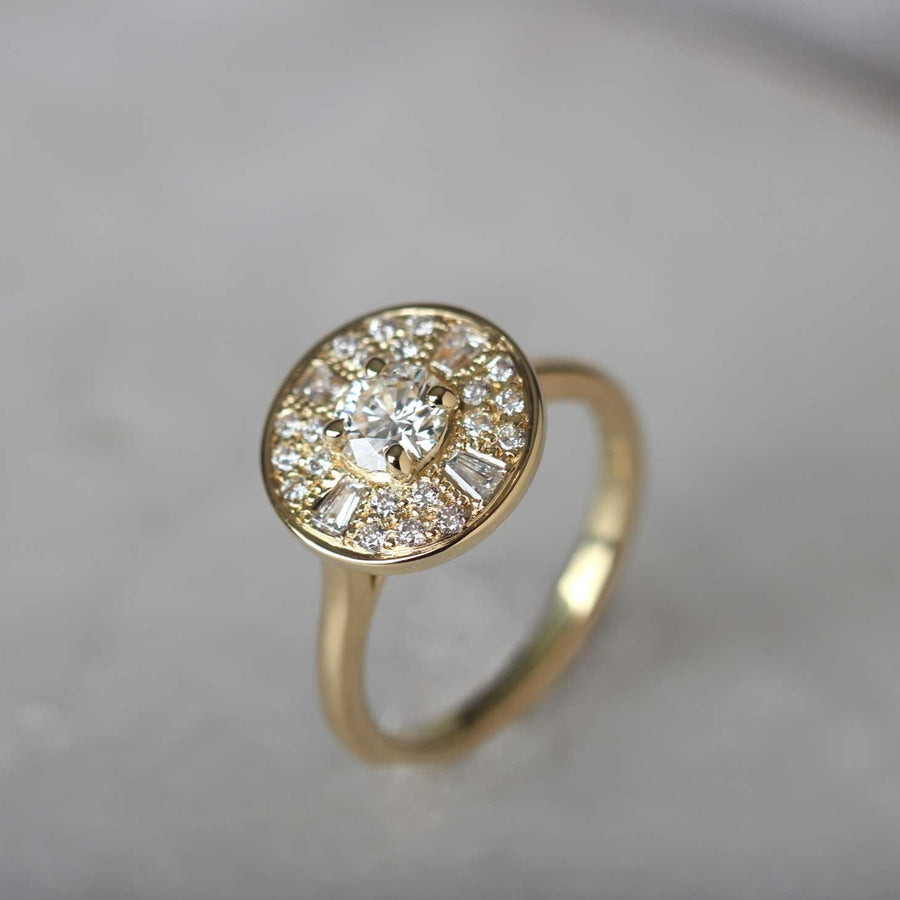 AMELIA recycled Yellow Gold Halo Diamond Engagement Ring made and by EC One in our London B Corp workshop