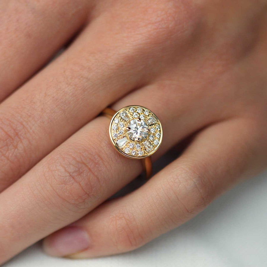 AMELIA recycled Yellow Gold Halo Diamond Engagement Ring made and by EC One in our London B Corp workshop