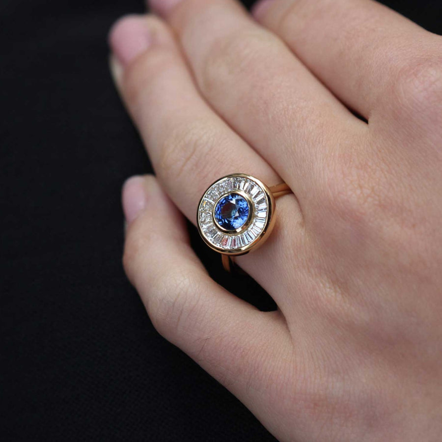 ROSA Yellow Gold Teal Sapphire and Baguette Diamond Halo Engagement Ring by EC One London made in their B Corp certified workshop