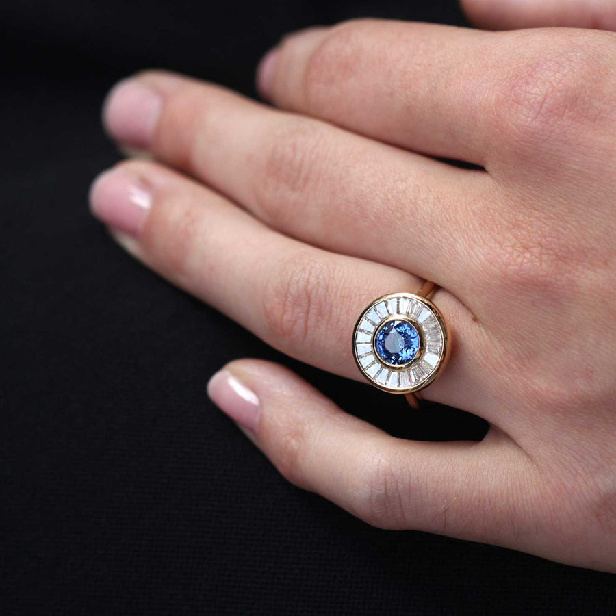 ROSA Yellow Gold Teal Sapphire and Baguette Diamond Halo Engagement Ring by EC One London made in their B Corp certified workshop