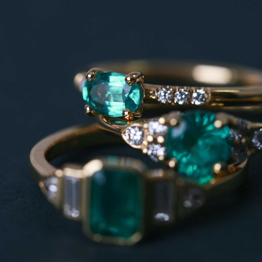 new style HATTY Yellow Gold Emerald and Diamond Engagement Ring by EC One London