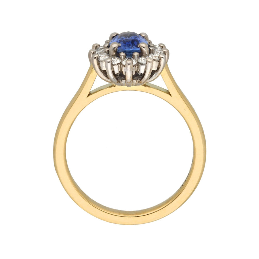 EC One Florence Engagement ring with blue sapphire and white diamonds in recycled yellow gold made in our B Corp London workshop