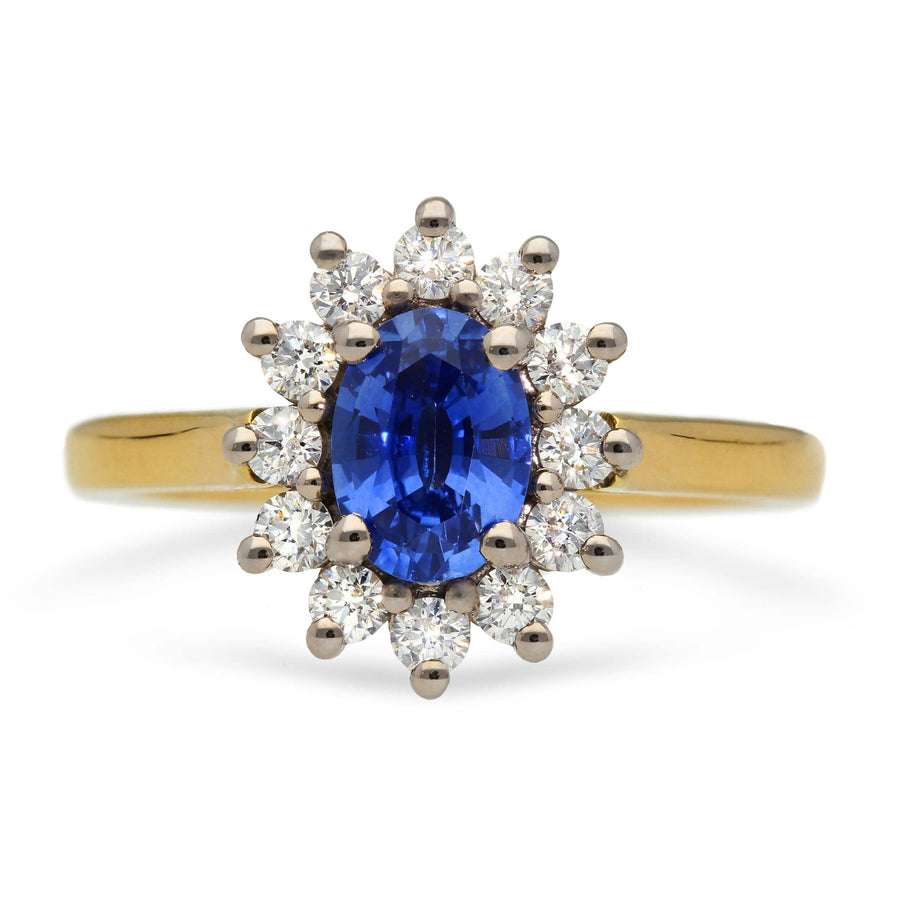 EC One Florence Engagement ring with blue sapphire and white diamonds in recycled yellow gold made in our B Corp London workshop