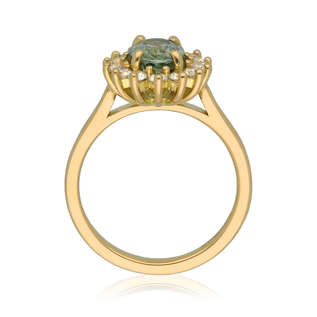 EC One Florence Engagement ring with pale teal sapphire and white diamonds in recycled yellow gold made in our B Corp London workshop