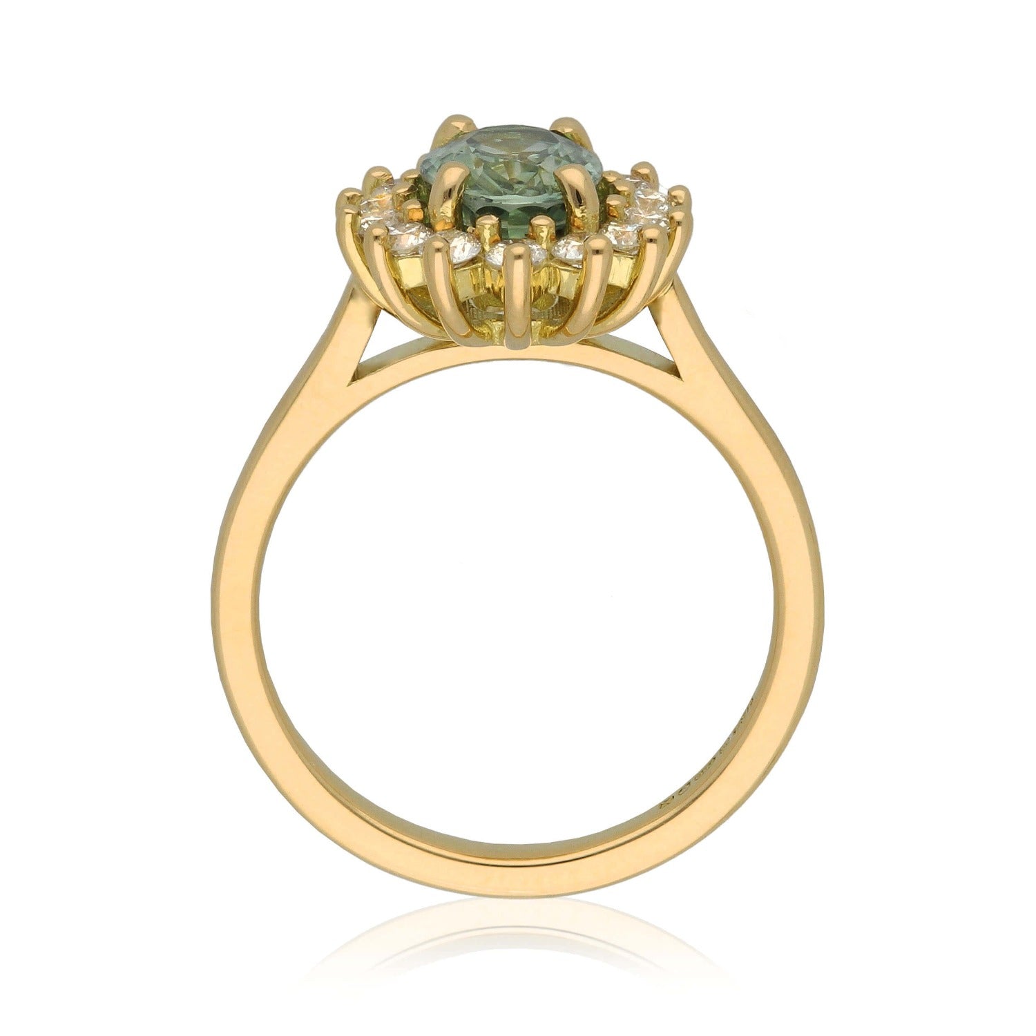 EC One Florence Engagement ring with pale teal sapphire and white diamonds in recycled yellow gold made in our B Corp London workshop