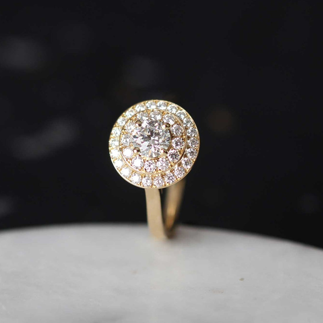 ISABELLA Yellow Gold Double Halo Diamond Engagement Ring made by EC One London in their B Corp certified  workshop
