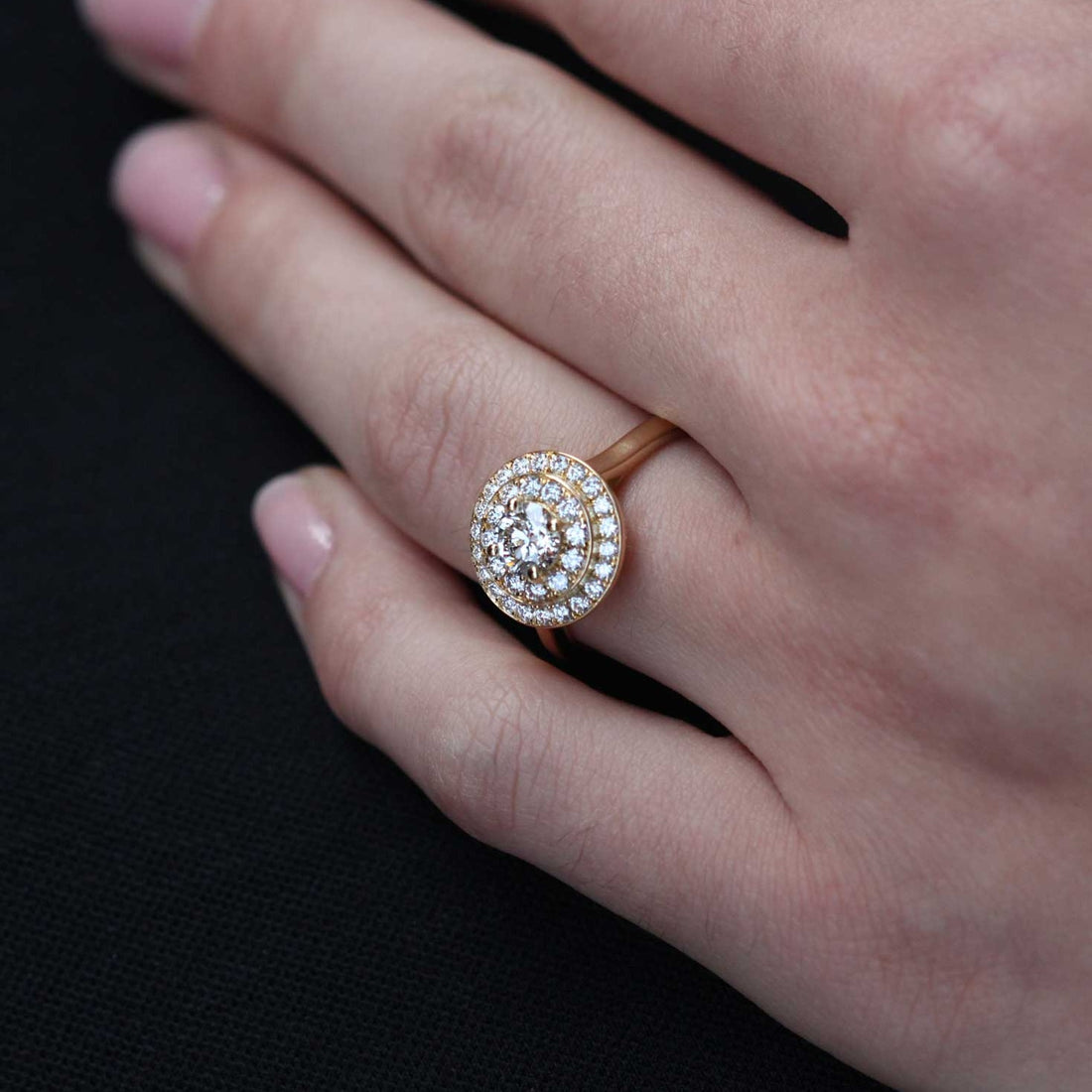 ISABELLA Yellow Gold Double Halo Diamond Engagement Ring made by EC One London in their B Corp certified  workshop