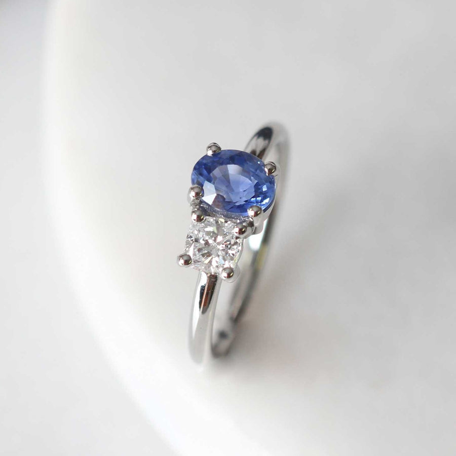 JOSEPHINE Platinum Diamond & Blue Sapphire Engagement Ring made by EC One London in their B Corp Certified workshop