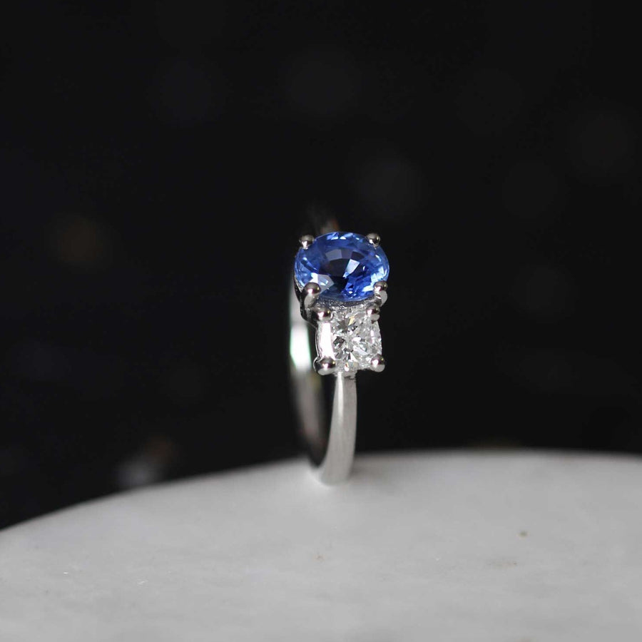 JOSEPHINE Platinum Diamond & Blue Sapphire Engagement Ring made by EC One London in their B Corp Certified workshop