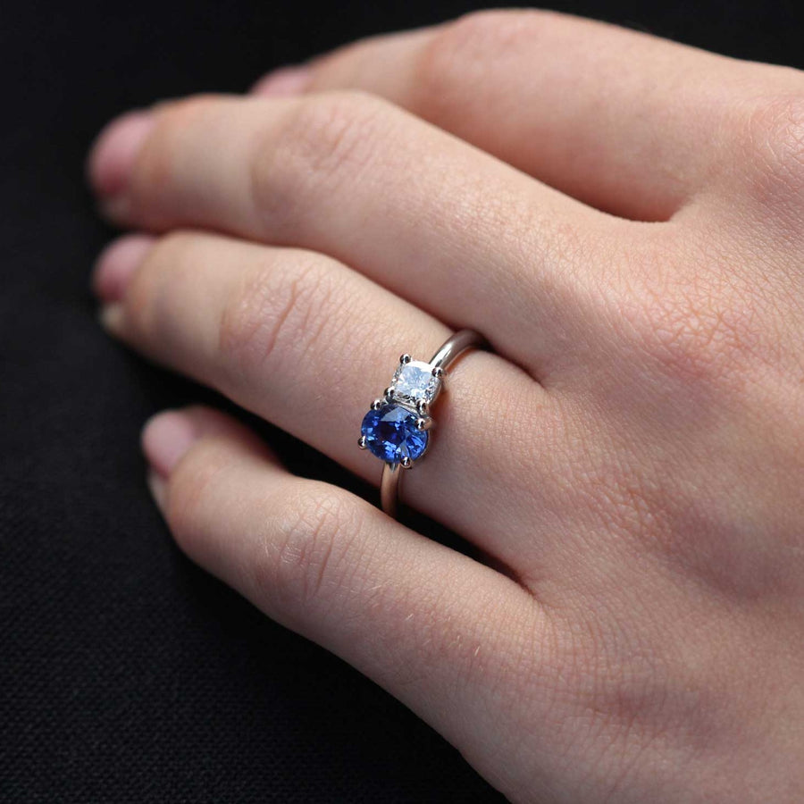 JOSEPHINE Platinum Diamond & Blue Sapphire Engagement Ring made by EC One London in their B Corp Certified workshop