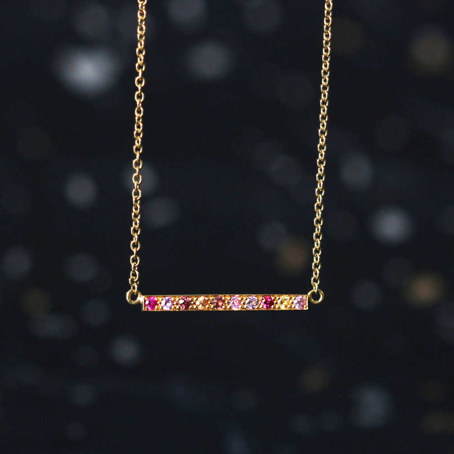 EC One Long Kaleidoscope Gold Bar Necklace in Mixed Pink & Red Gemstones
