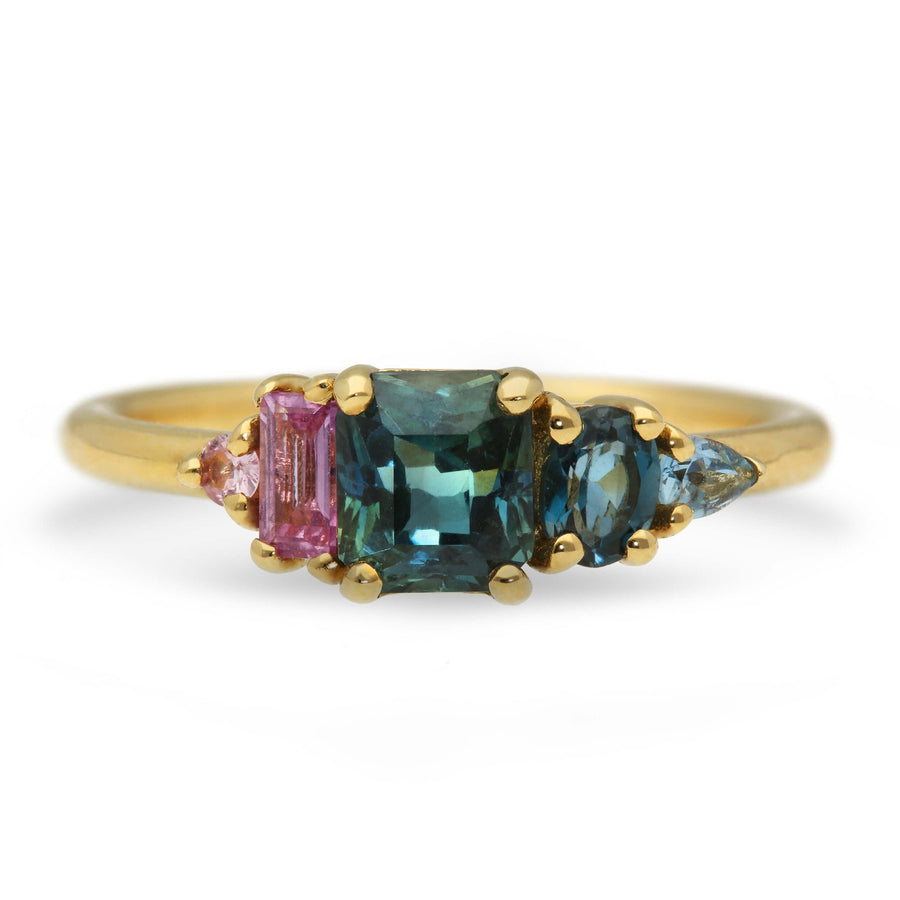 Large ELISE 18ct Yellow Gold Ring with teal Sapphire made in our London B Corp Workshop