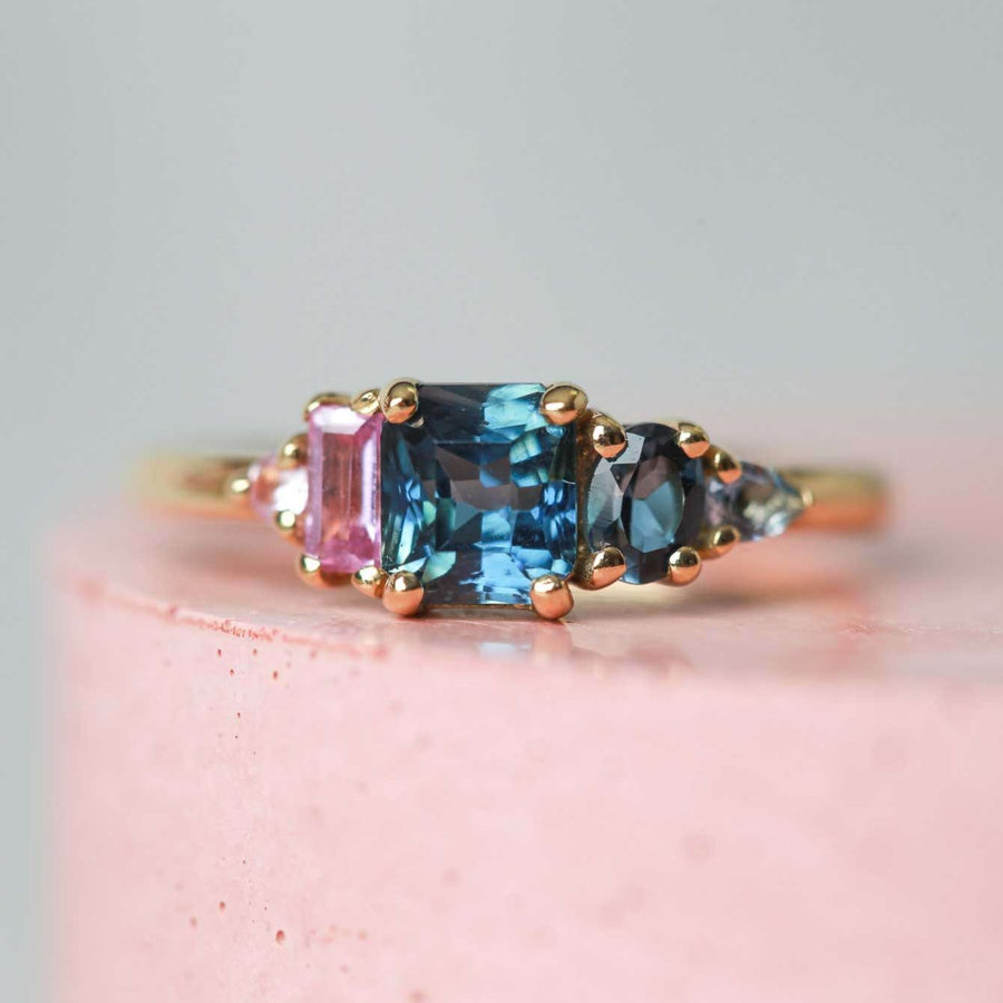 Large ELISE 18ct Yellow Gold Ring with teal Sapphire made in our London B Corp Workshop