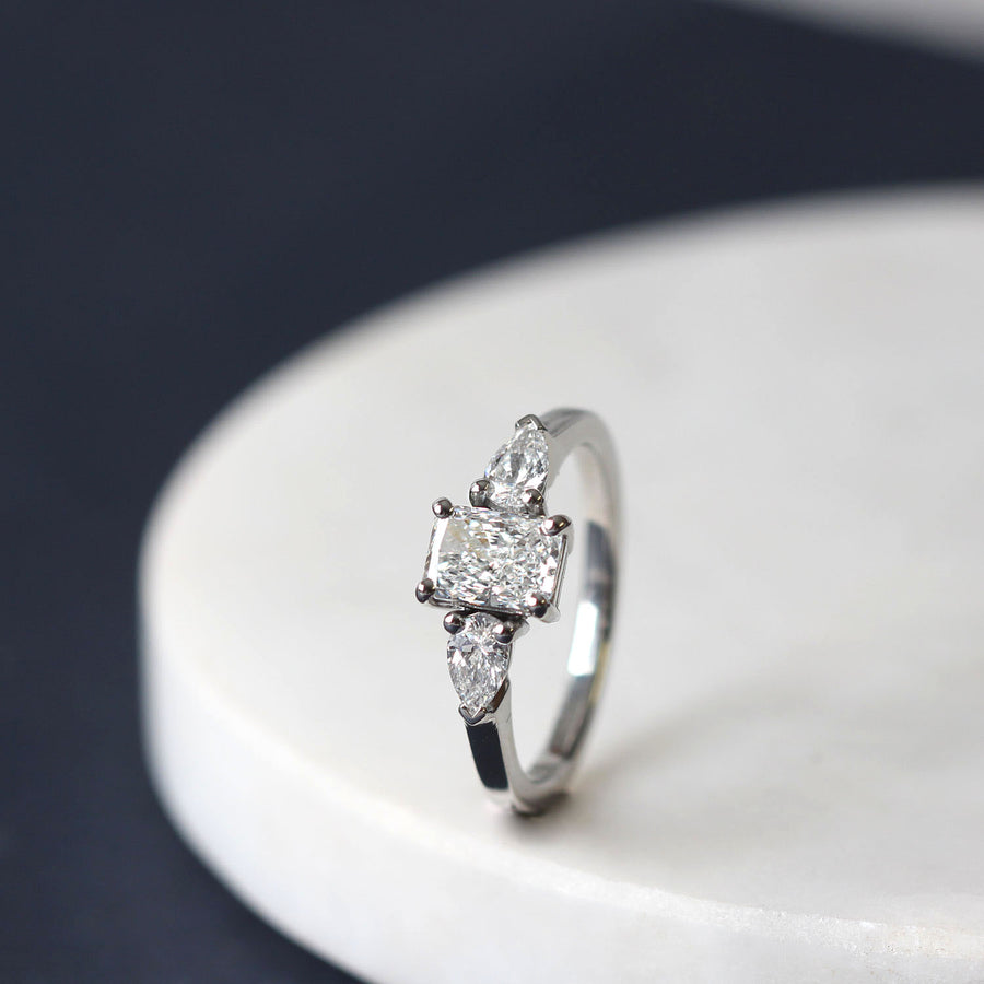 EC One PHOEBE Radiant Diamond Trilogy Engagement Ring in recycled platinum made in our London B Corp workshop