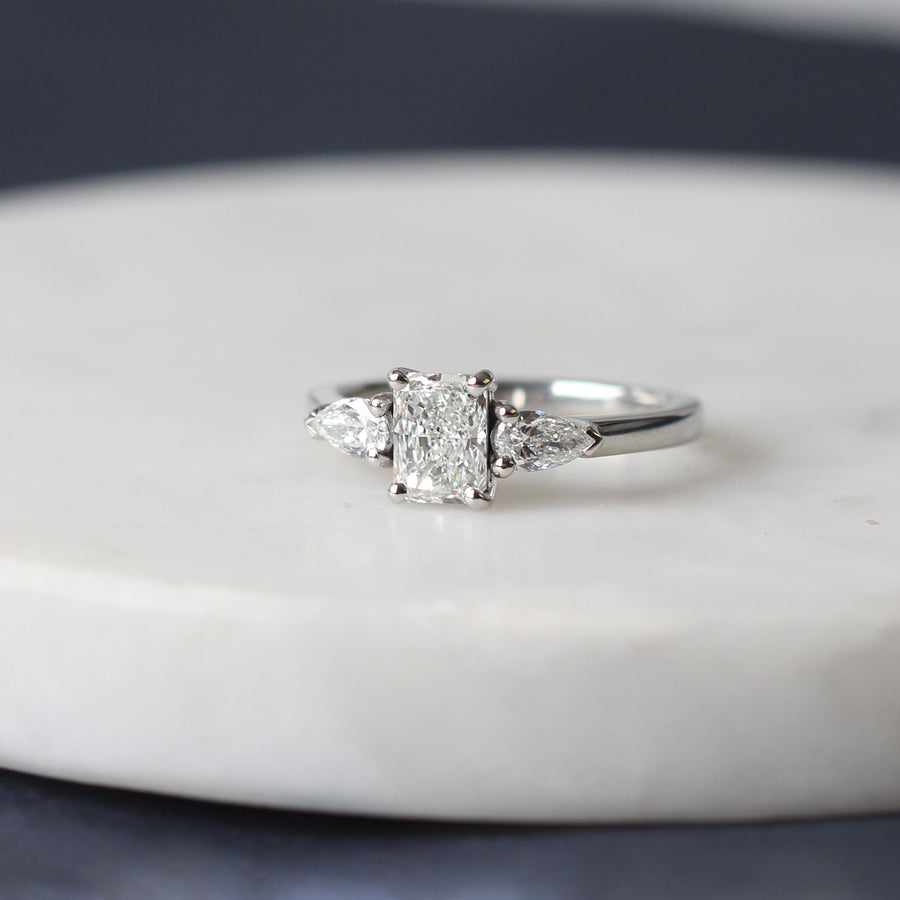 EC One PHOEBE Radiant Diamond Trilogy Engagement Ring in recycled platinum made in our London B Corp workshop