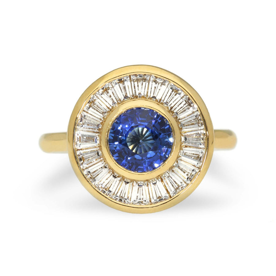 ROSA Yellow Gold Teal Sapphire and Baguette Diamond Halo Engagement Ring by EC One London made in their B Corp certified workshop