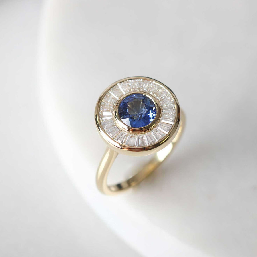 ROSA Yellow Gold Teal Sapphire and Baguette Diamond Halo Engagement Ring by EC One London made in their B Corp certified workshop