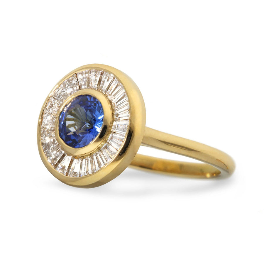 ROSA Yellow Gold Teal Sapphire and Baguette Diamond Halo Engagement Ring by EC One London made in their B Corp certified workshop