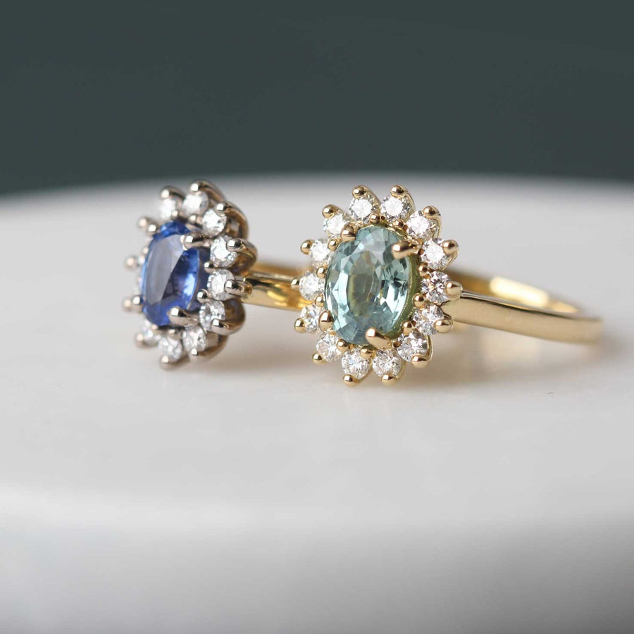 EC One Florence Engagement ring with blue sapphire and white diamonds in recycled yellow gold made in our B Corp London workshop