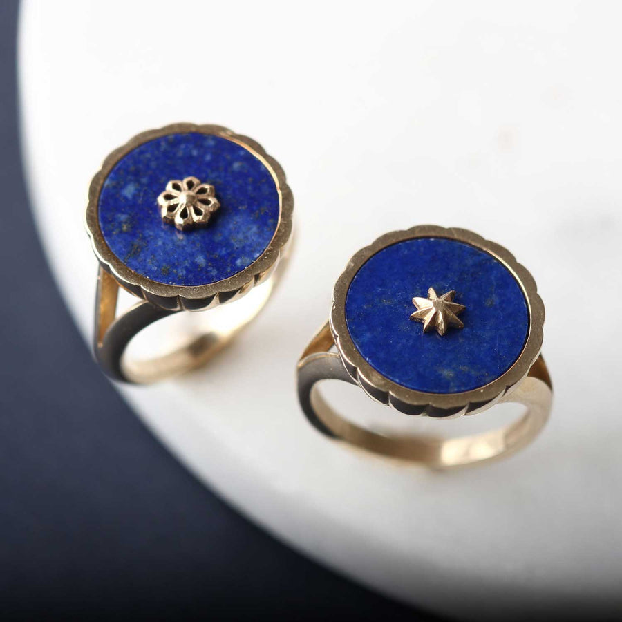 Flora Bhattachary at EC One Asmani Tara Star Cocktail Ring with Lapis in recycled 9ct yellow gold