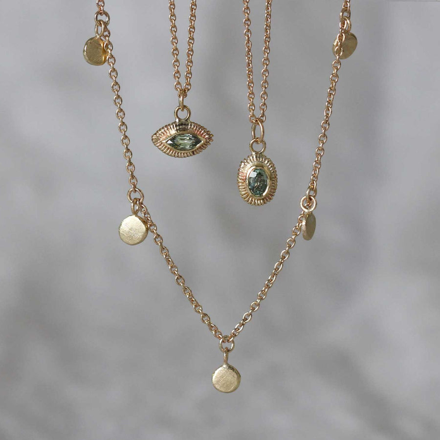 Helene Turbe crazy beads collar and green sapphire necklaces in recycled 9ct gold at EC One London