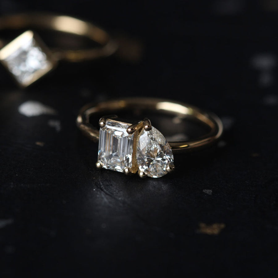 JOSEPHINE Yellow Gold Emerald & Pear-Shaped Diamond Engagement Ring by EC One London