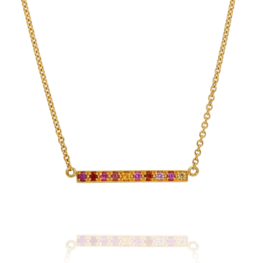 EC One Long Kaleidoscope Gold Bar Necklace in Mixed Pink & Red Gemstones