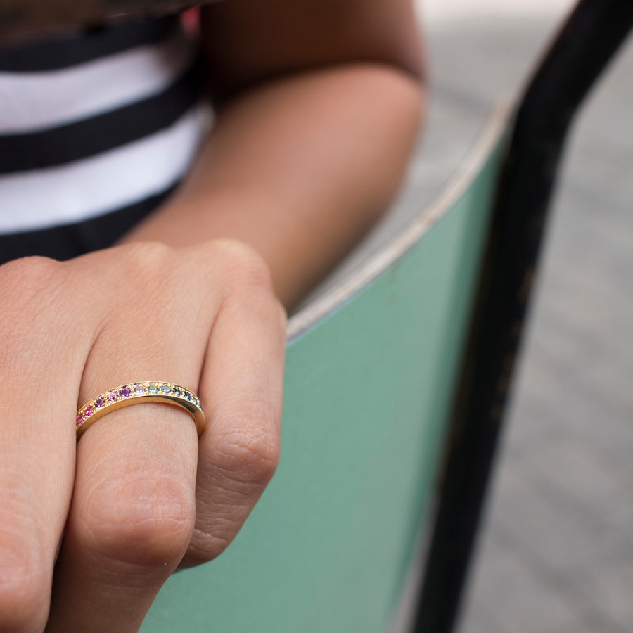 EC One's KALEIDOSCOPE Wide Gold Mixed Gemstone Eternity Ring made in our B Corp London workshop