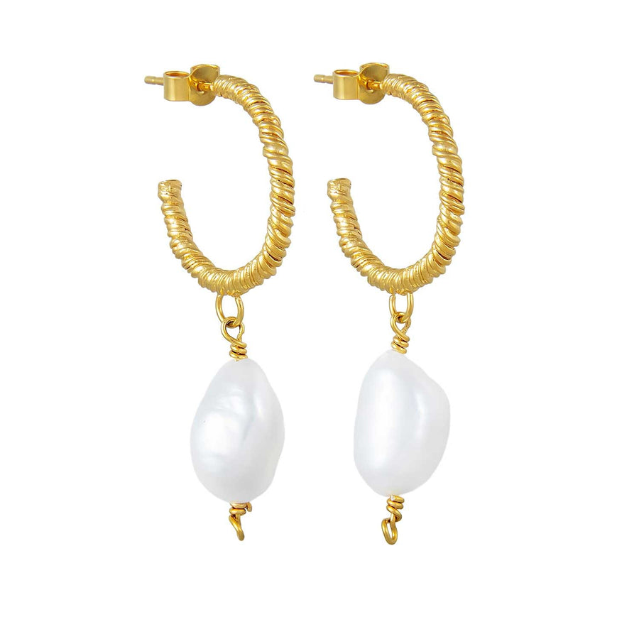 Natalie Perry Medium Organic Hoops with Baroque Pearl Drops Gold Plated at EC One London