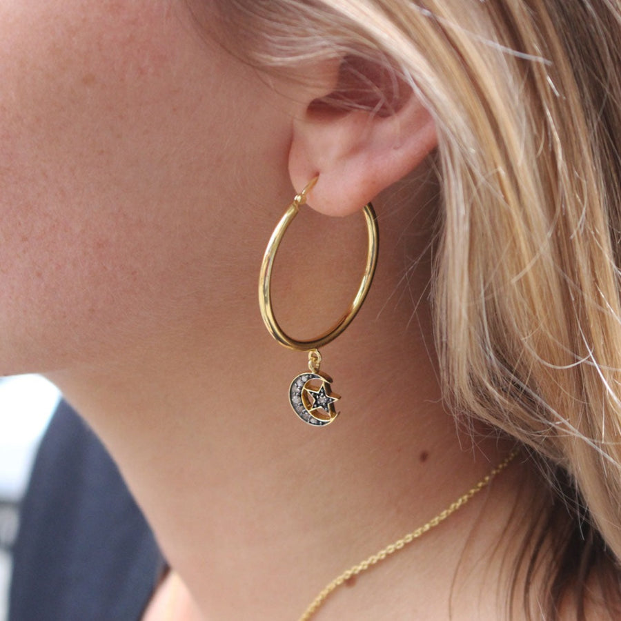 Sweet Marie Large Hoops with Diamond Crescent Moons at EC One