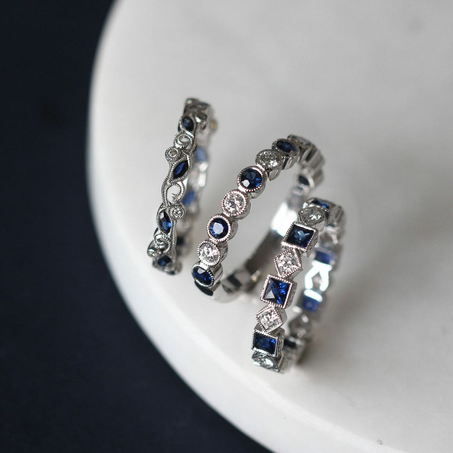 Ungar and Ungar Square Blue Sapphire and Diamond Eternity Ring White Gold at EC One London