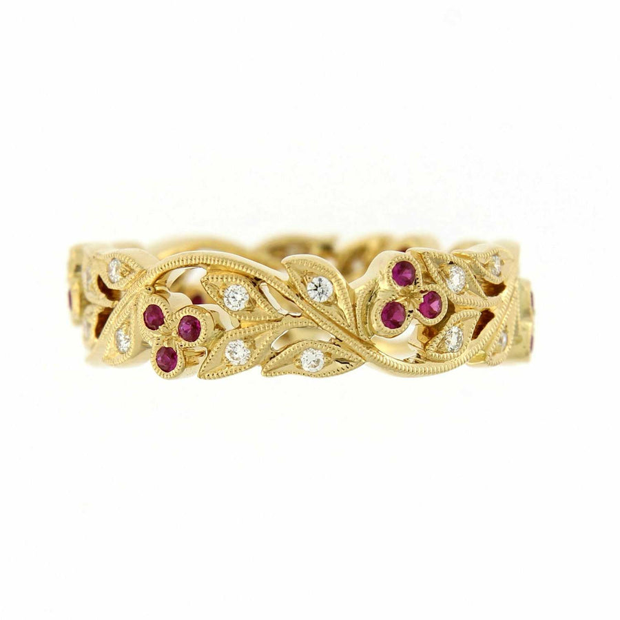 Ungar and Ungar Medium Cherry Band Yellow Gold with Ruby and Diamonds at EC One London
