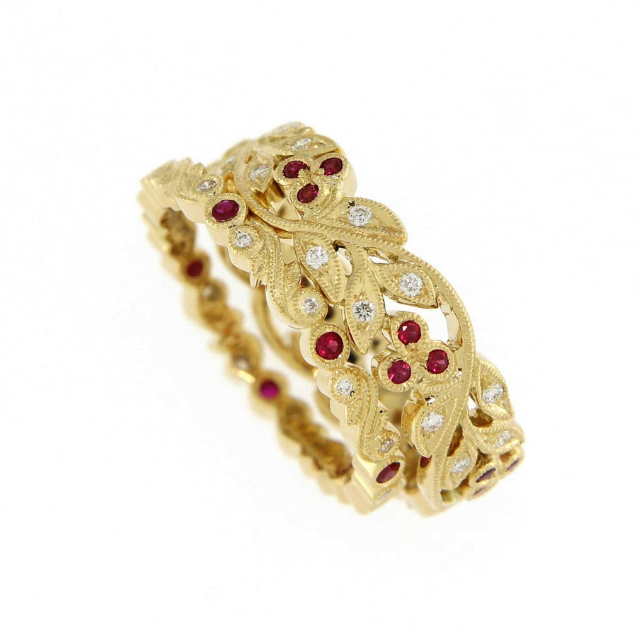 Ungar and Ungar Slim Scroll Band in Yellow Gold with Ruby and Diamonds at EC One London