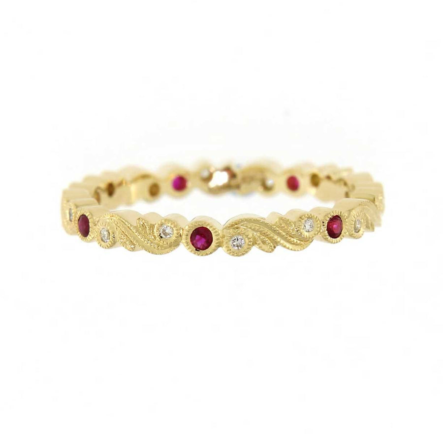 Ungar and Ungar Slim Scroll Band in Yellow Gold with Ruby and Diamonds at EC One London