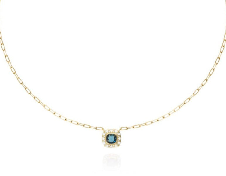STELLA Gold Necklace with London Blue topaz and White Enamel by Van Den Abeele at EC One London