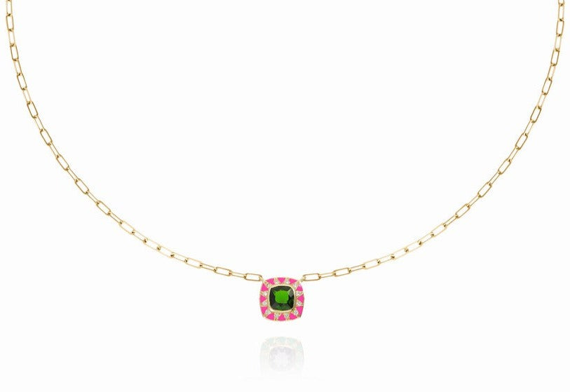 STELLA Gold Necklace with Chrome Diopside and Neon Pink Enamel by Van Den Abeele at EC One London